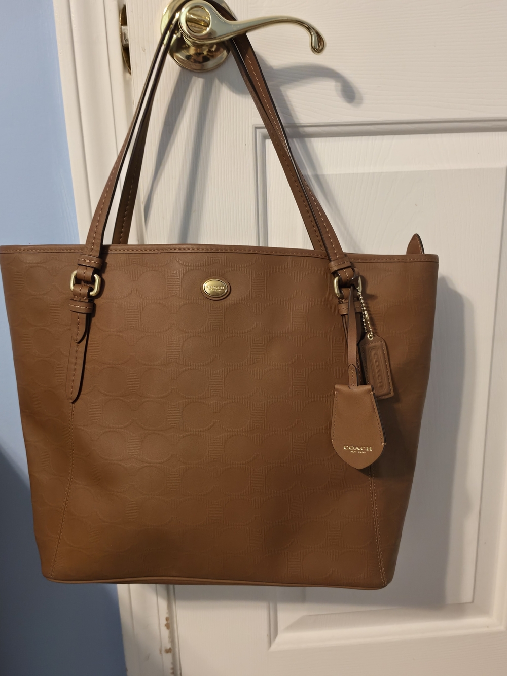Coach Tan Leather Tote Bag - Signature Embossed